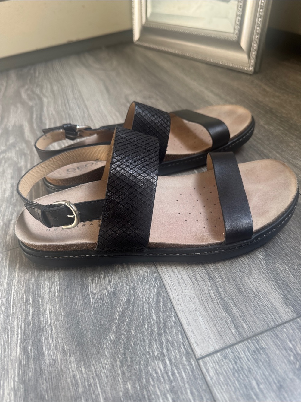 Geox Black Leather Two-Strap Slingback Sandals
